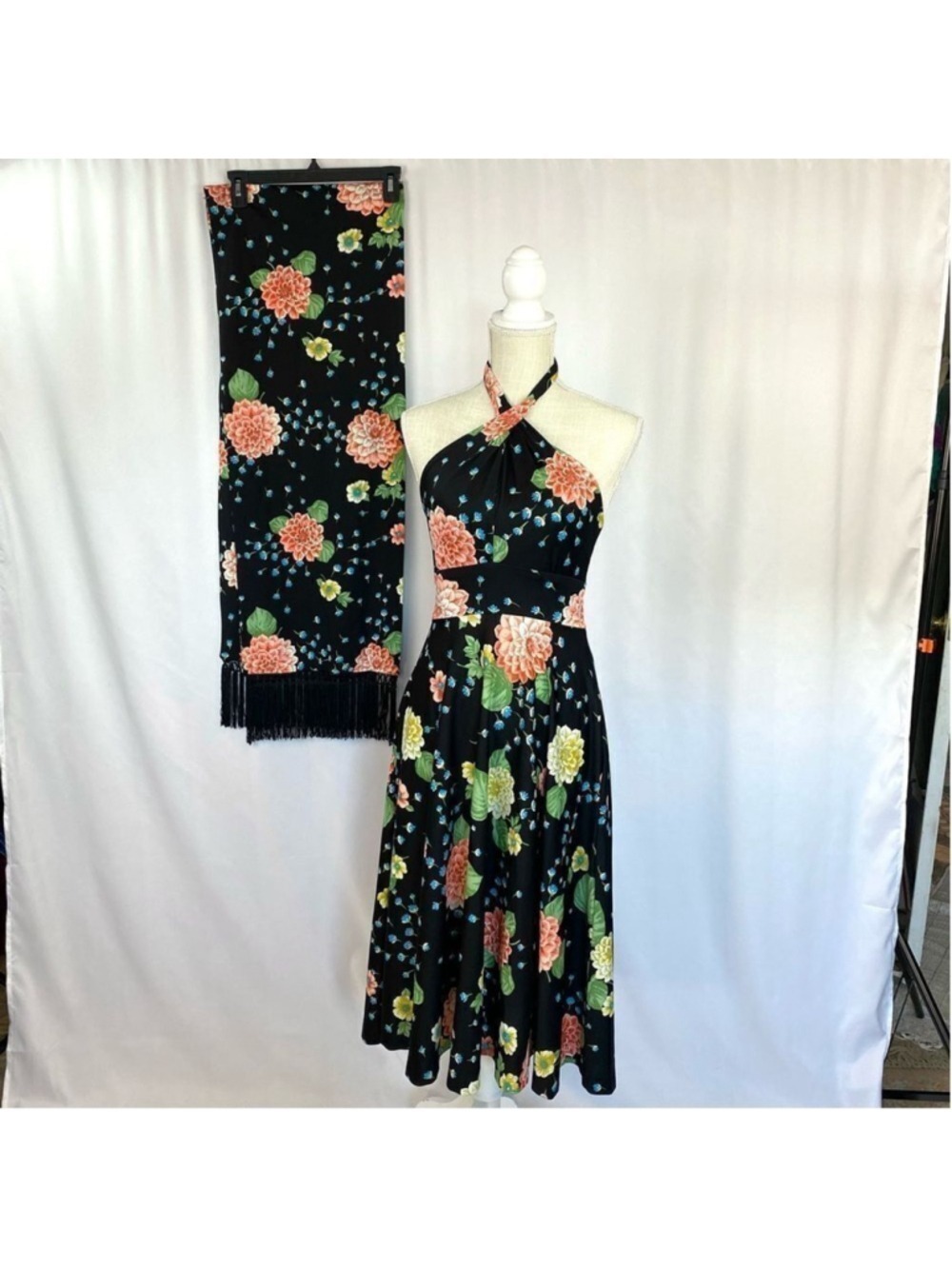 Vintage Designer Lillie Rubin Floral Halter Midi Dress Women’s XS-S Retro - Picture 2 of 14